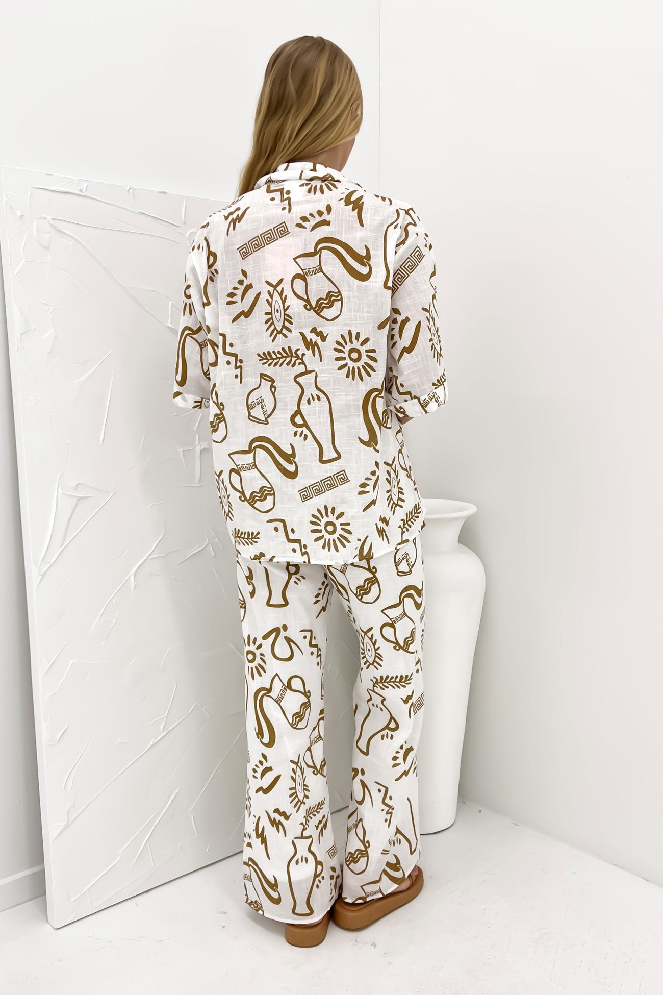 Aphaea Pant Set White Tan Aztec Vase