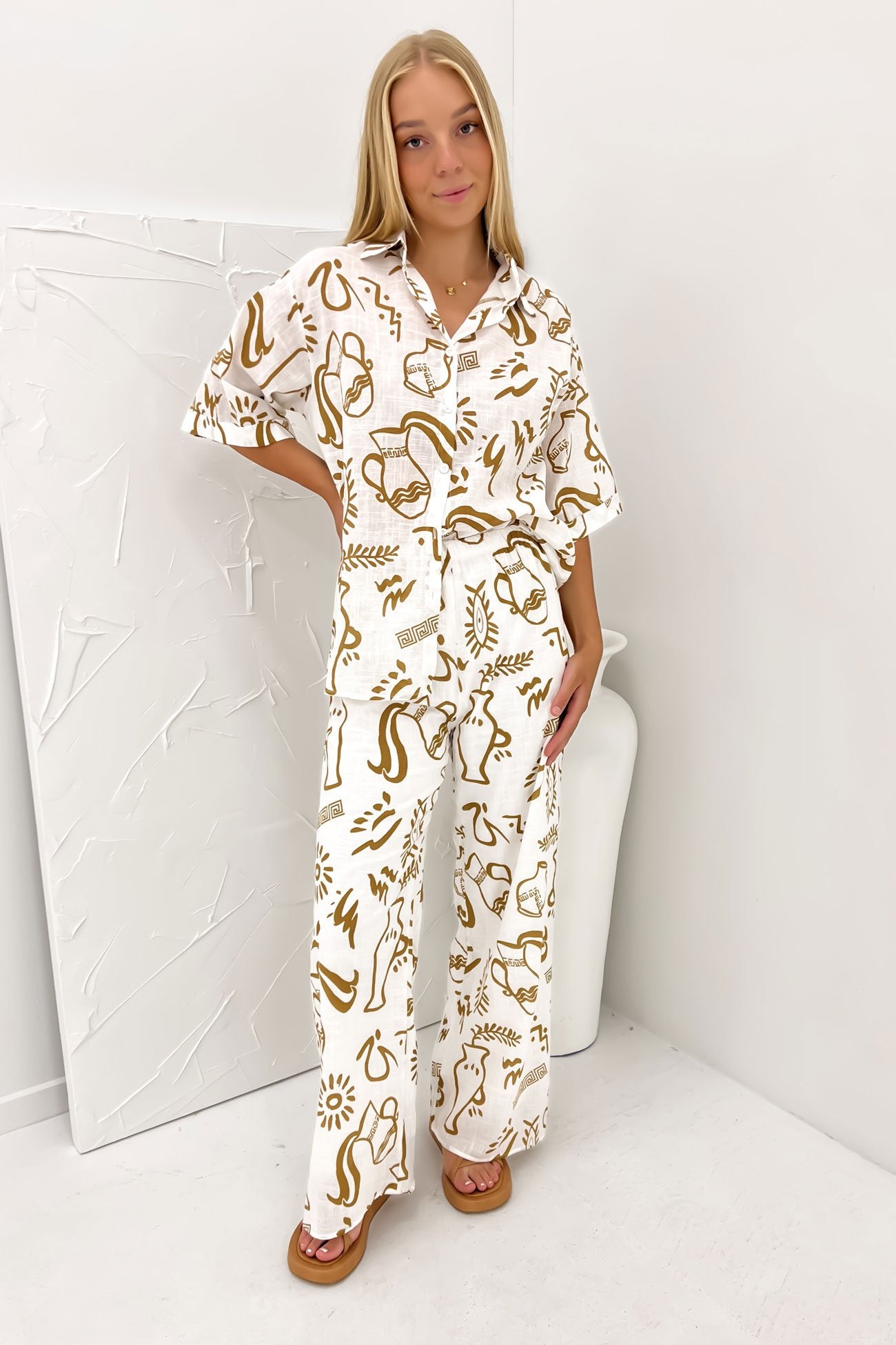 Aphaea Pant Set White Tan Aztec Vase