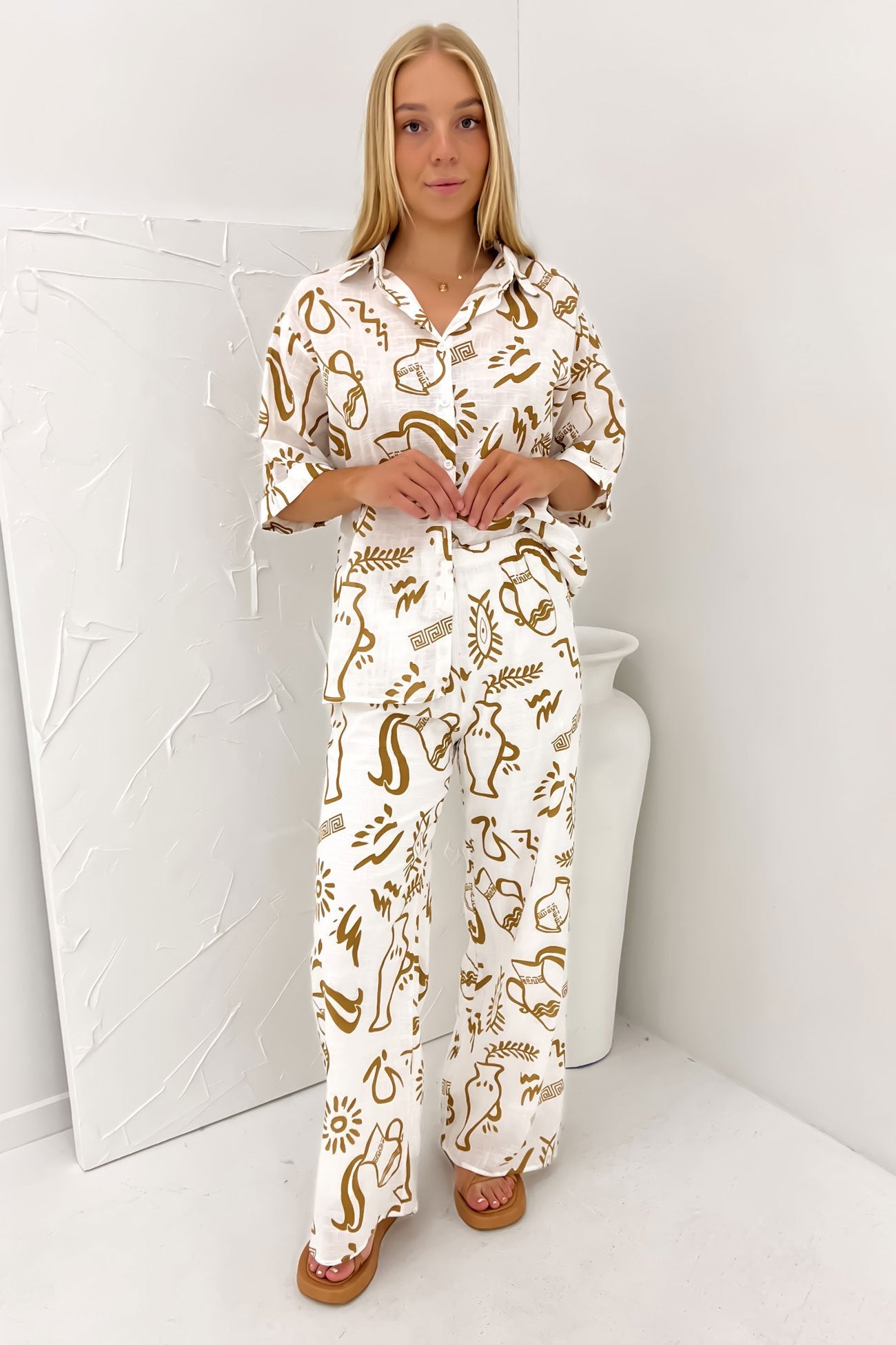 Aphaea Pant Set White Tan Aztec Vase