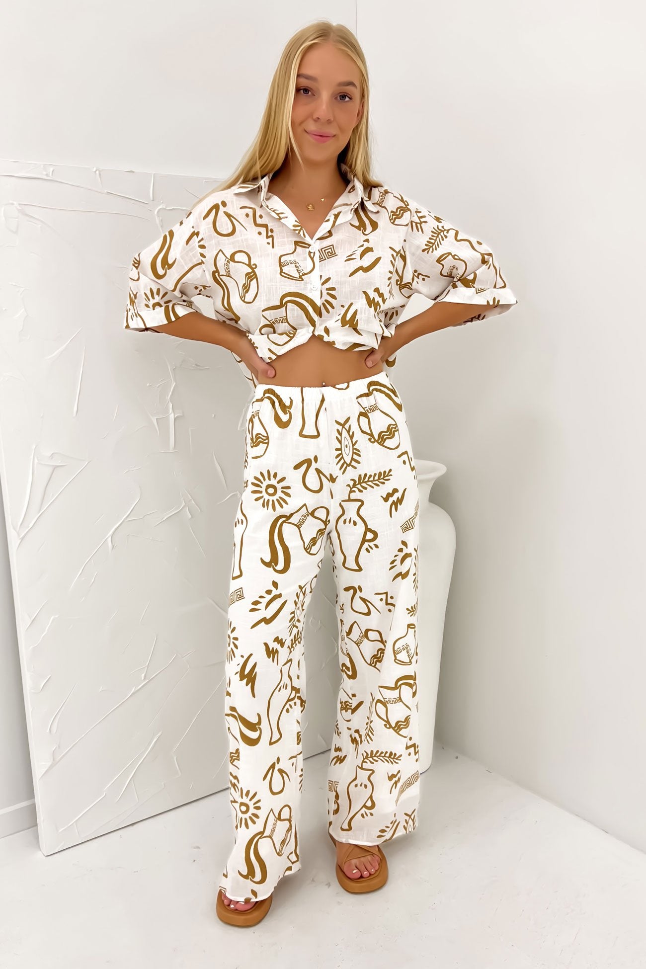 Aphaea Pant Set White Tan Aztec Vase