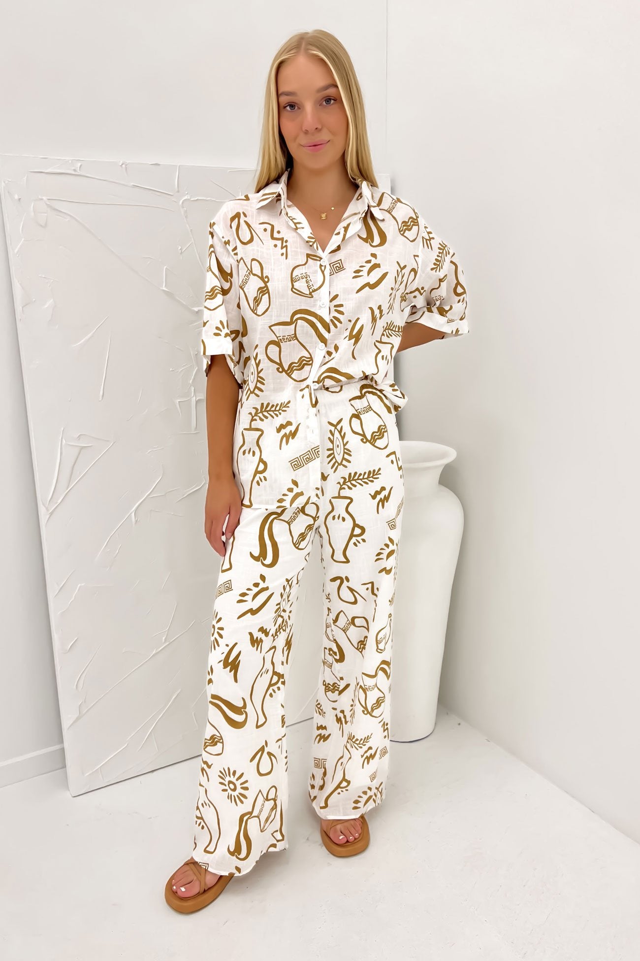 Aphaea Pant Set White Tan Aztec Vase