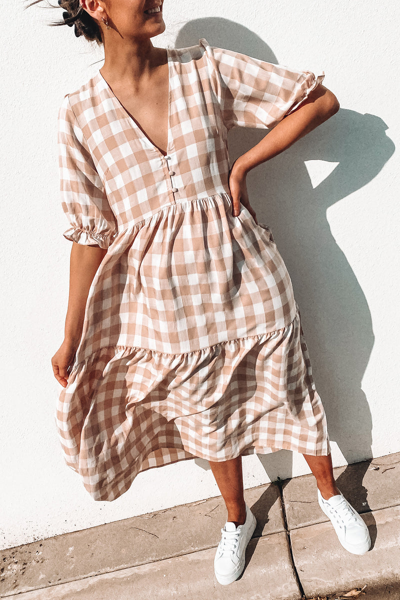 Boden Maxi Dress Beige Check