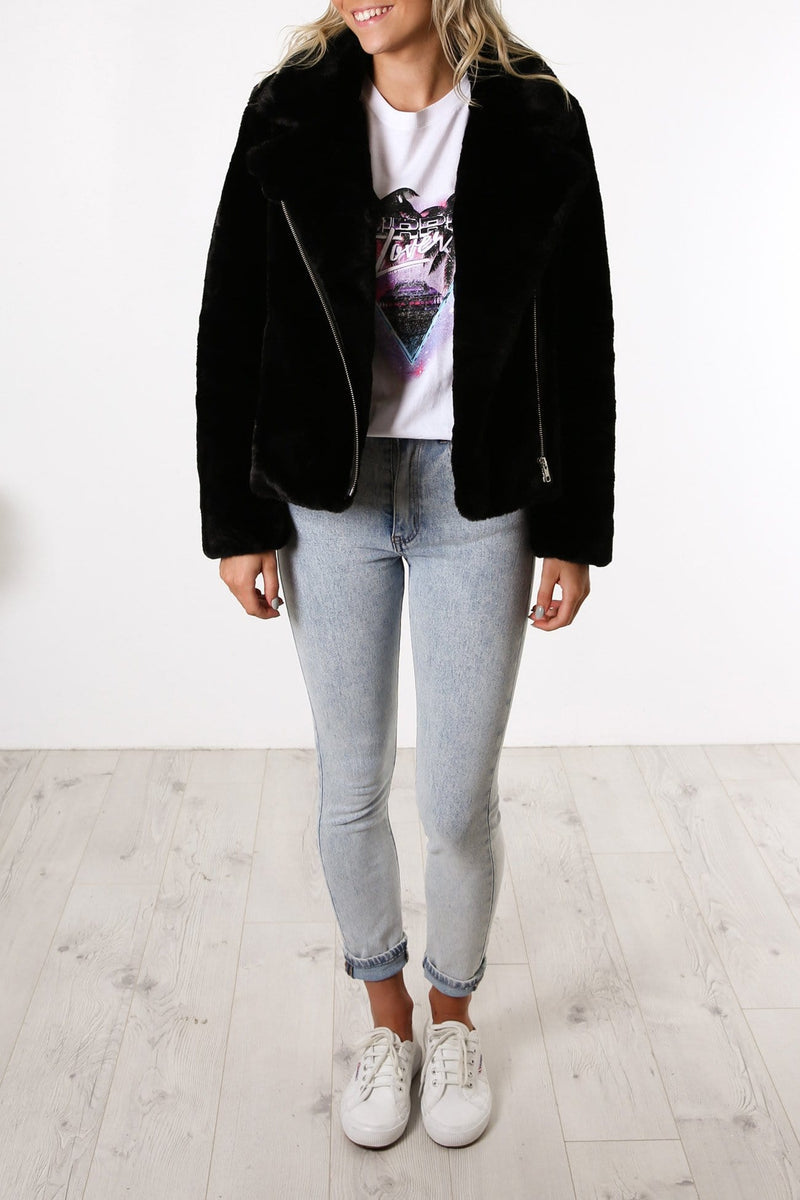 Black suede faux fur trim biker jacket hot sale