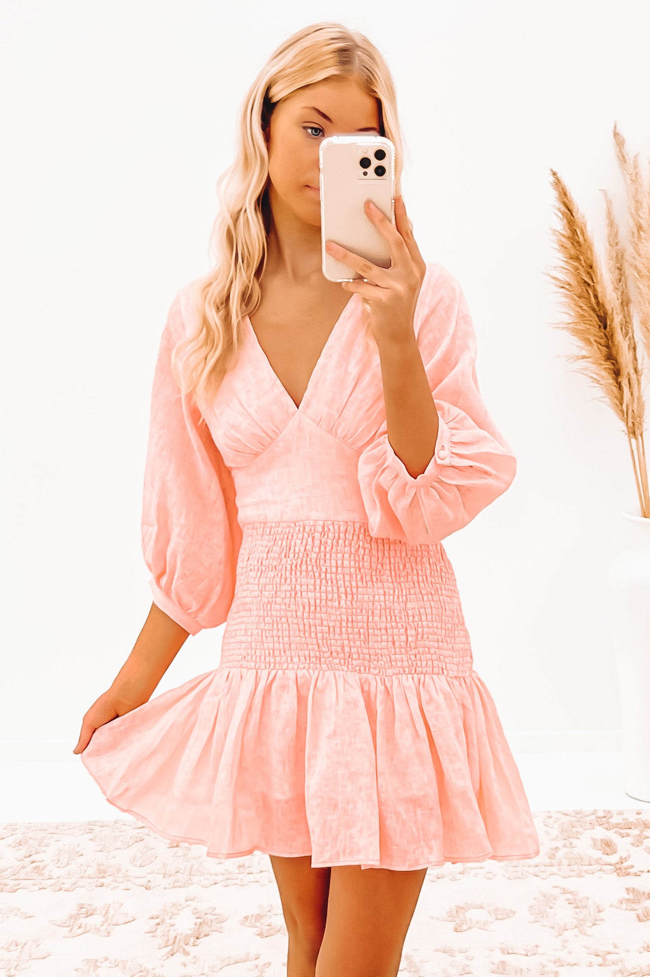 Cleo Shirred Mini Dress Watermelon Pink