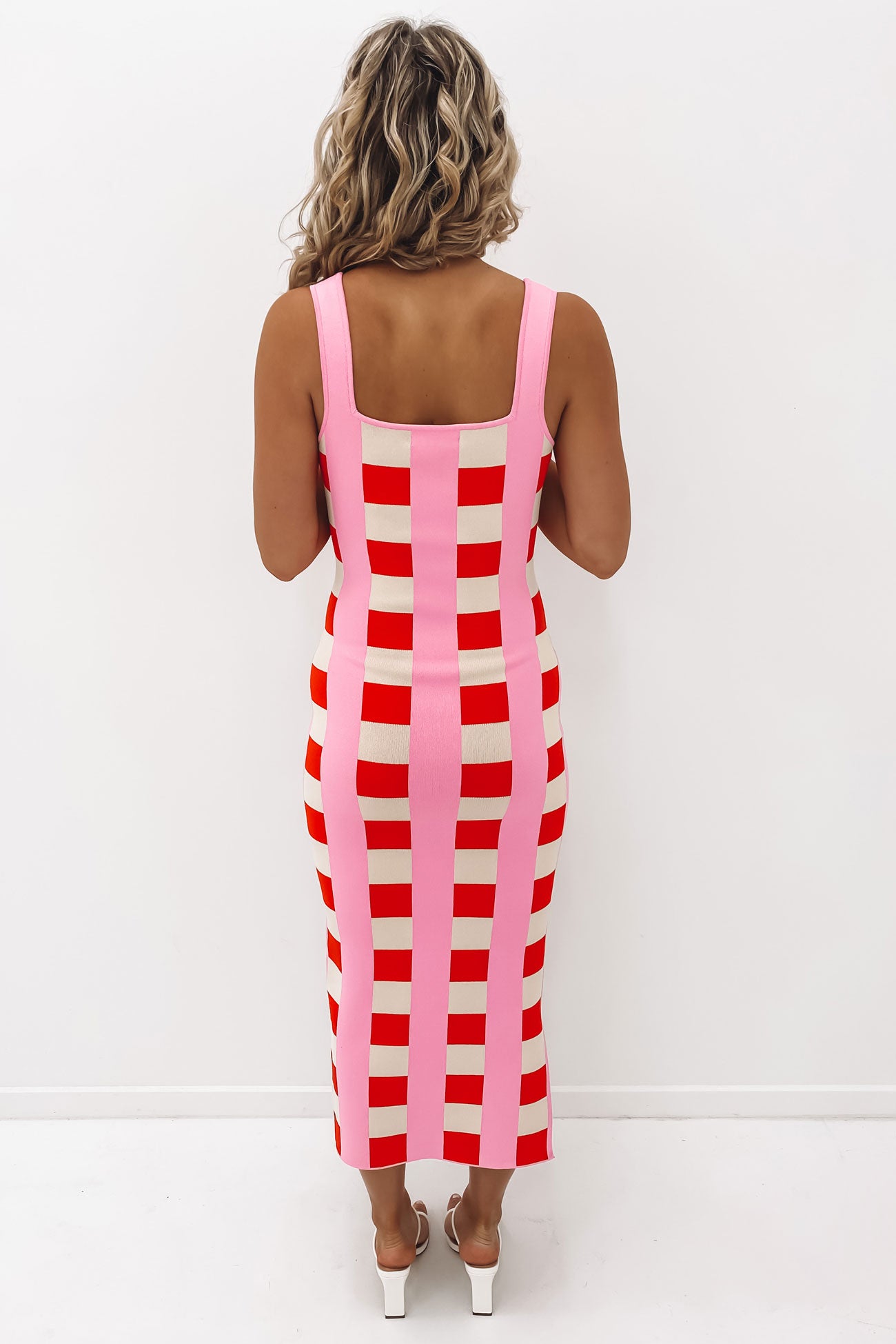 Cora Check Knit Midi Dress Multi Pink White