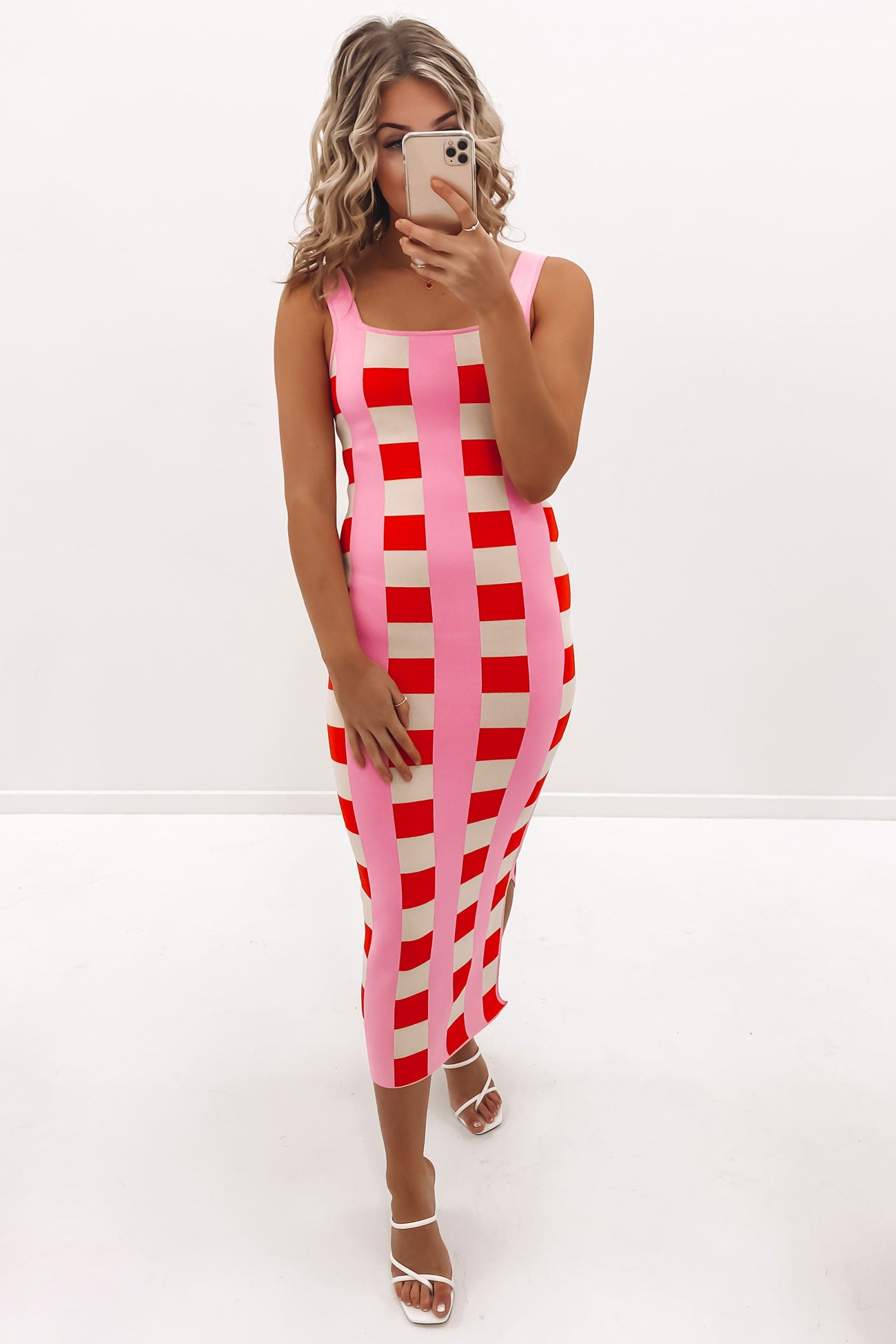 Cora Check Knit Midi Dress Multi Pink White