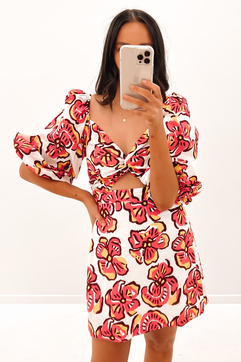 Cut Out Mini Dress Bold Floral Pink
