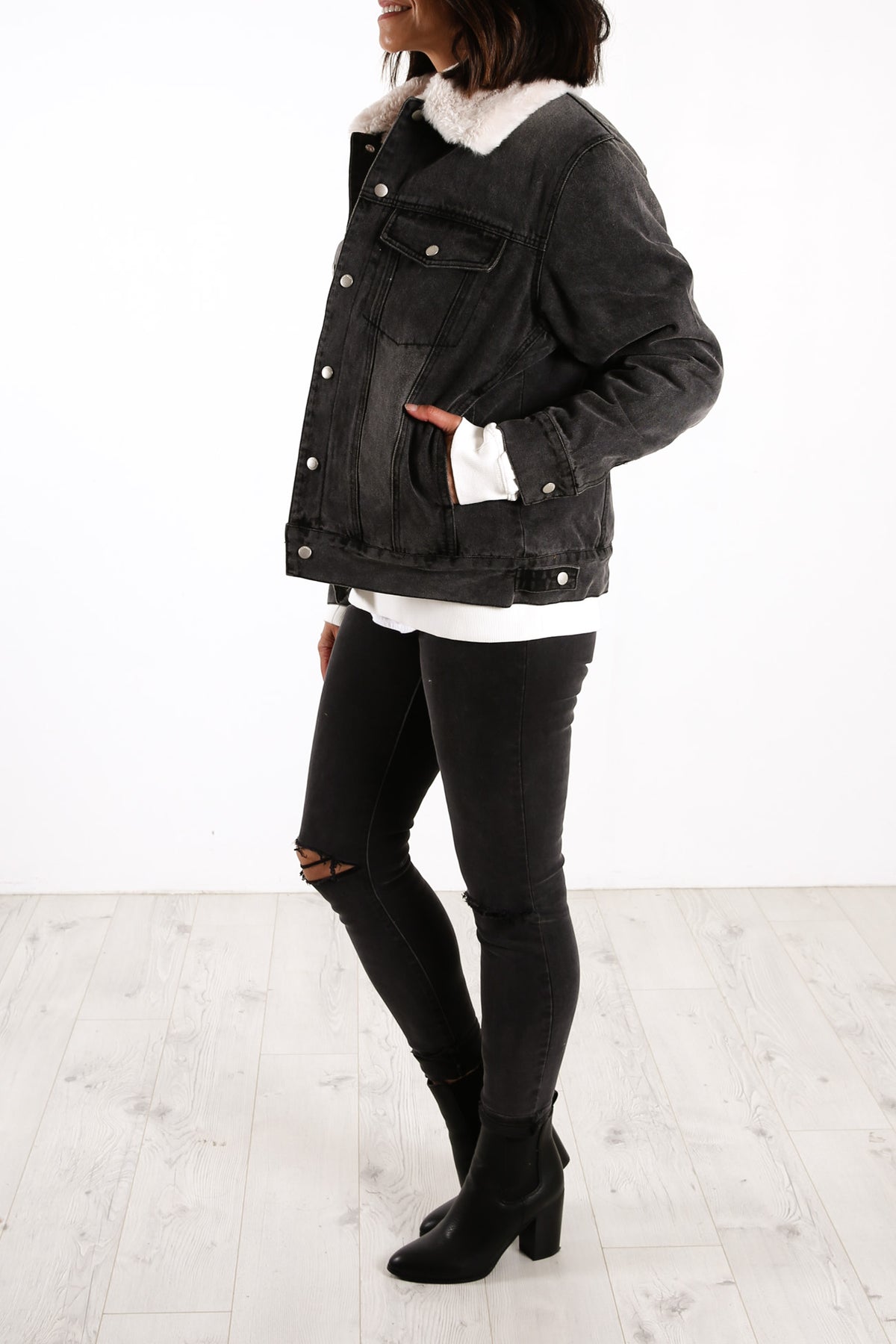 Topshop black denim sales jacket with fur