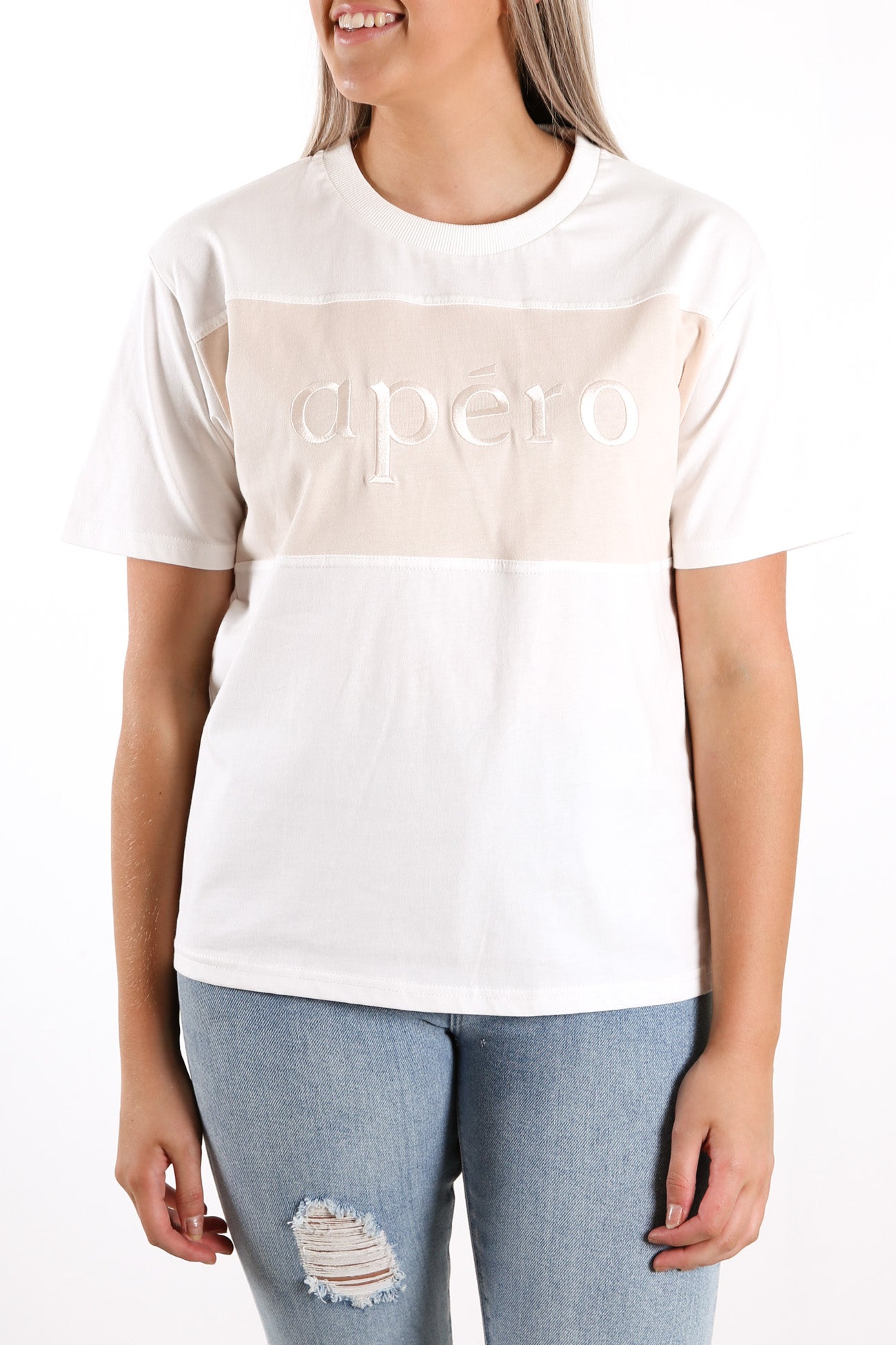Dual Embroidered Tee White Beige