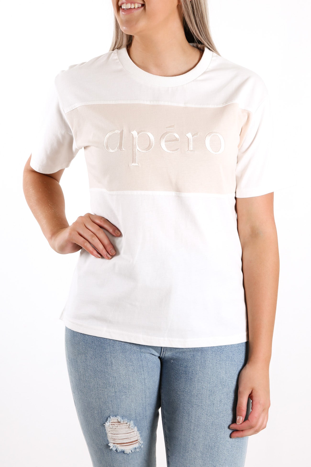 Dual Embroidered Tee White Beige