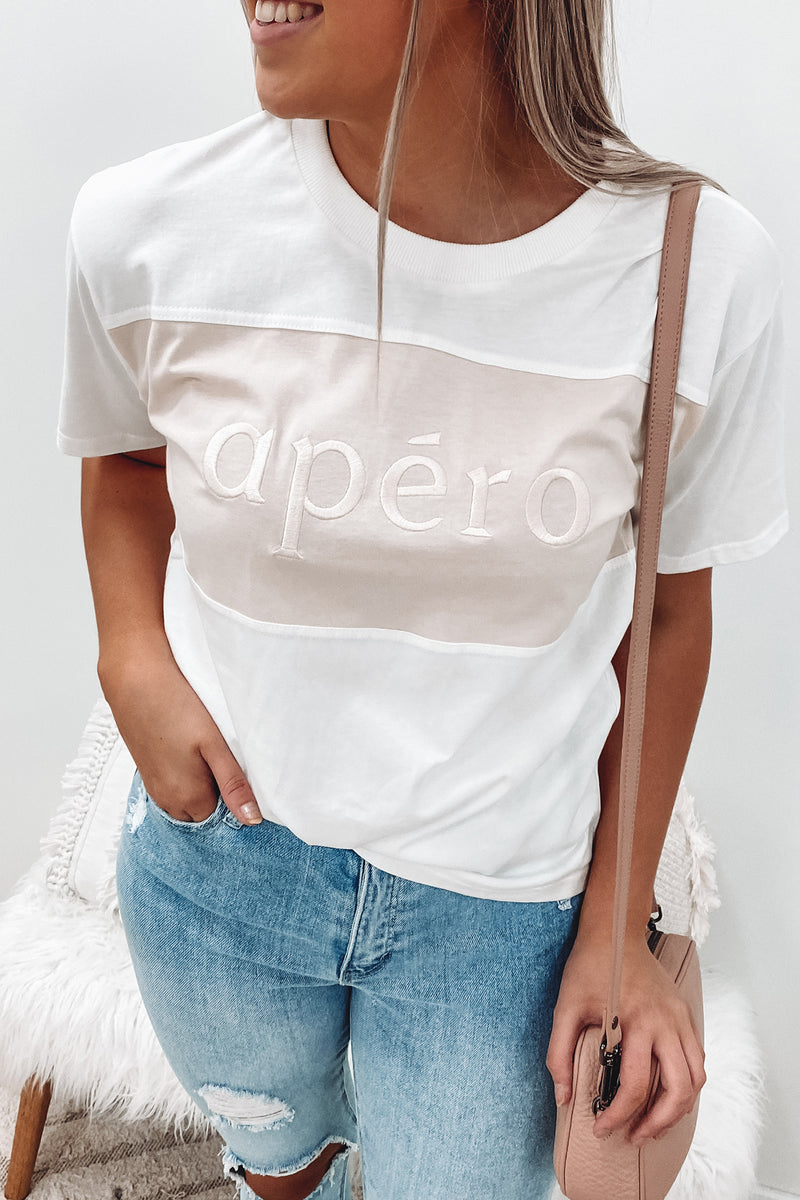 Dual Embroidered Tee White Beige