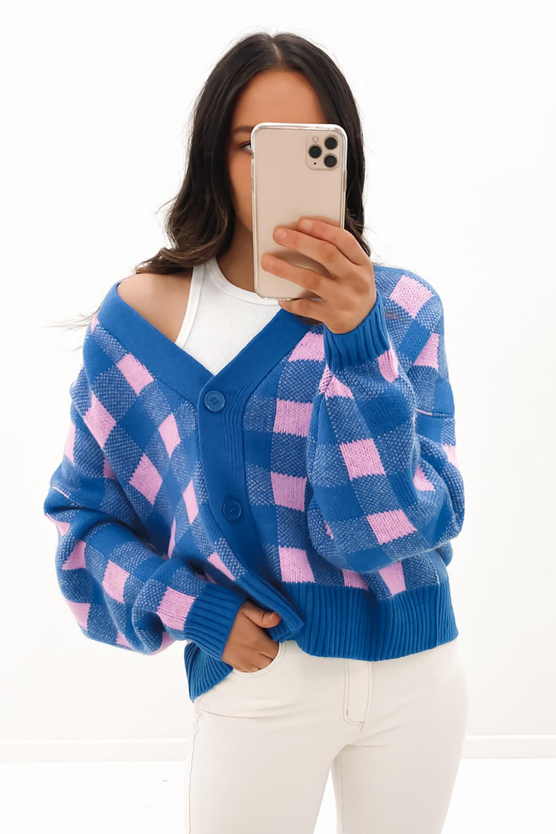 Elena Cardigan Pink Blue Check