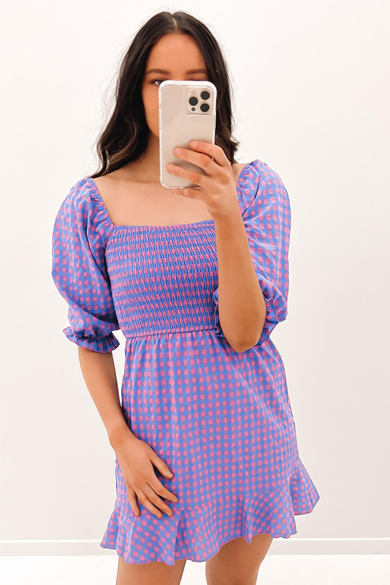 Elena Mini Dress Pink Blue Gingham