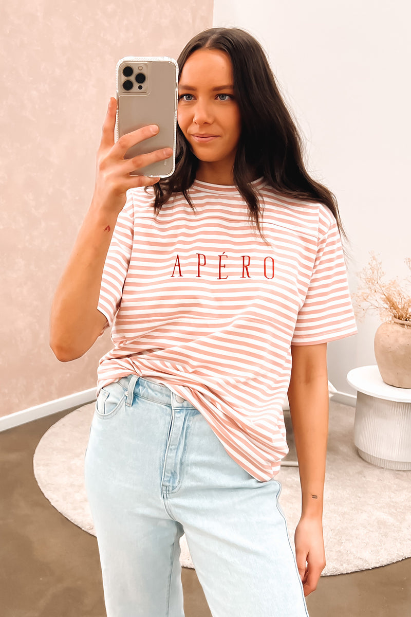 Essential Panel Embroidered Stripe Tee Pink White Red