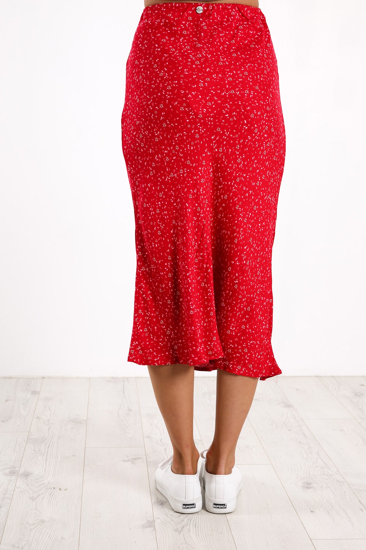 Red ditsy print midi skirt hotsell