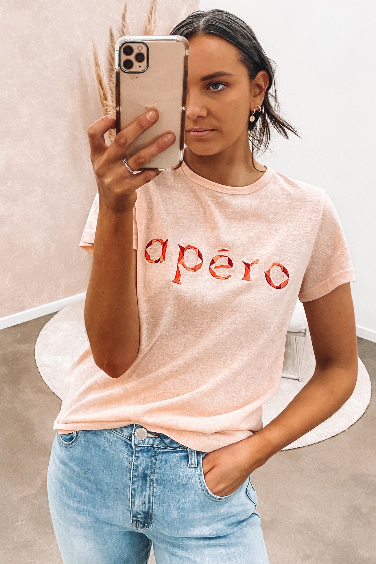 Geo Embroidered Femme Tee Dusty Pink
