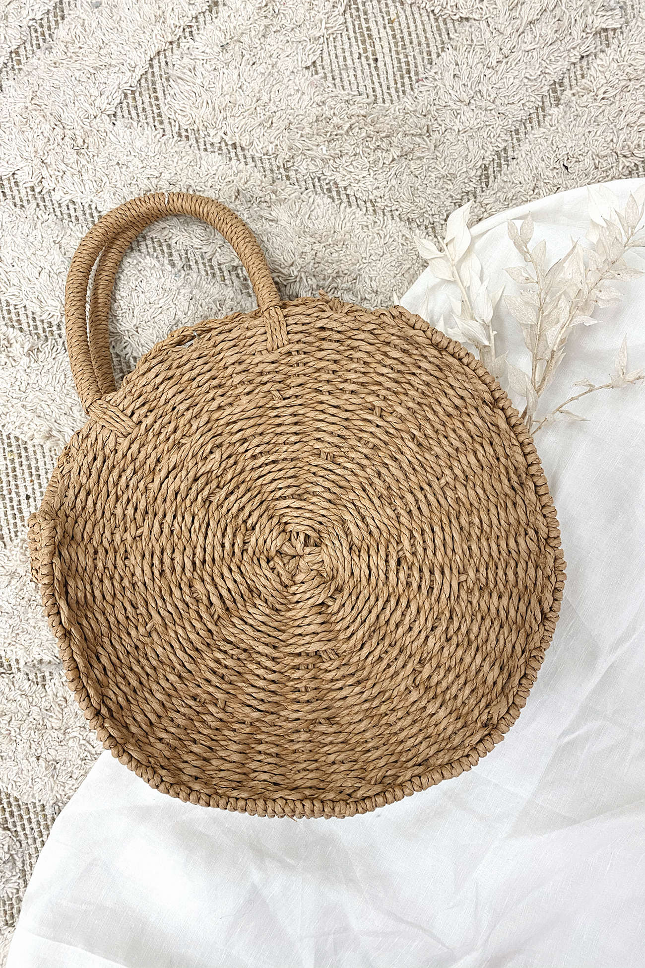 Marissa Round Straw Shoulder Bag Tan