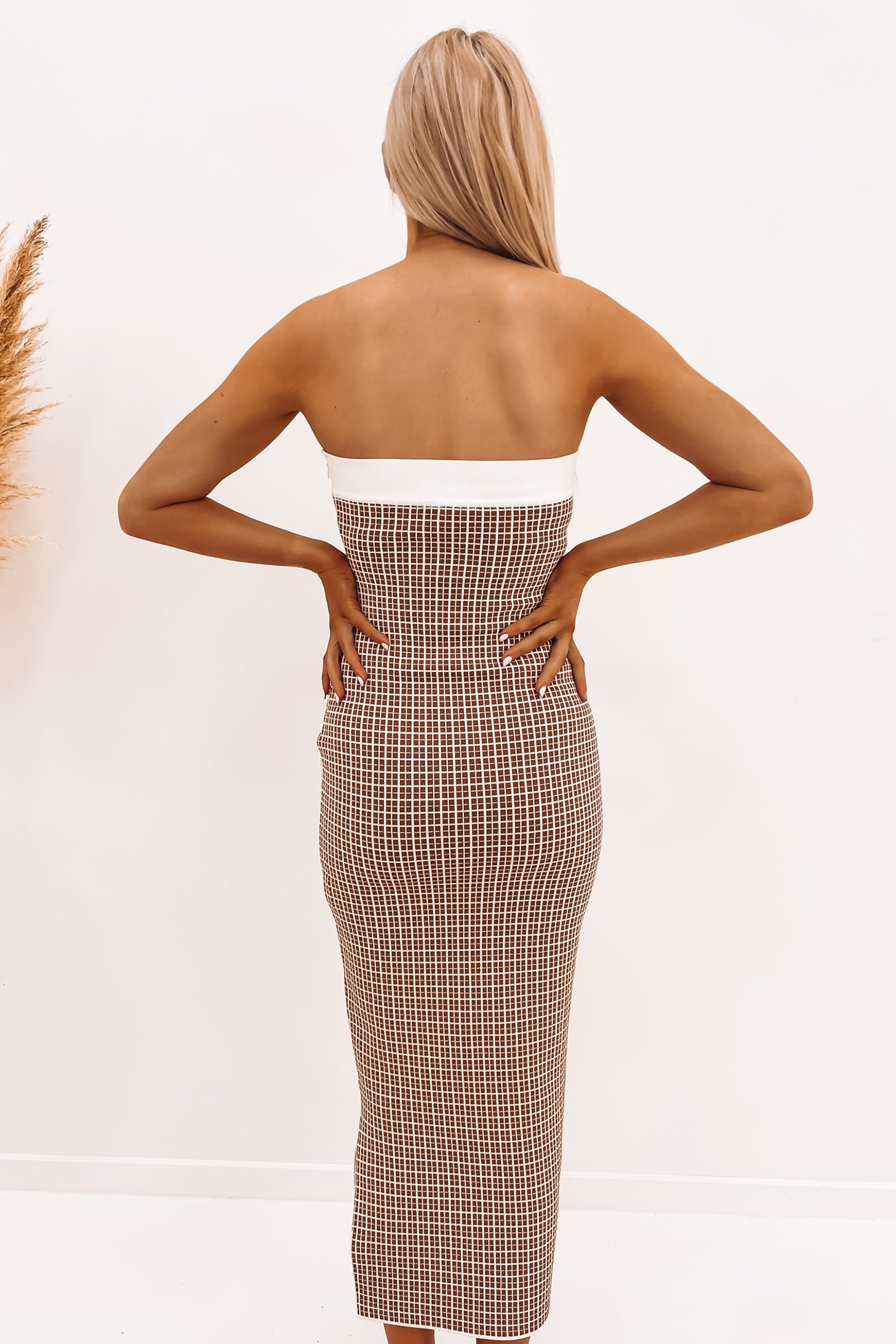 Isabella Check Strapless Knit Dress Brown Ivory