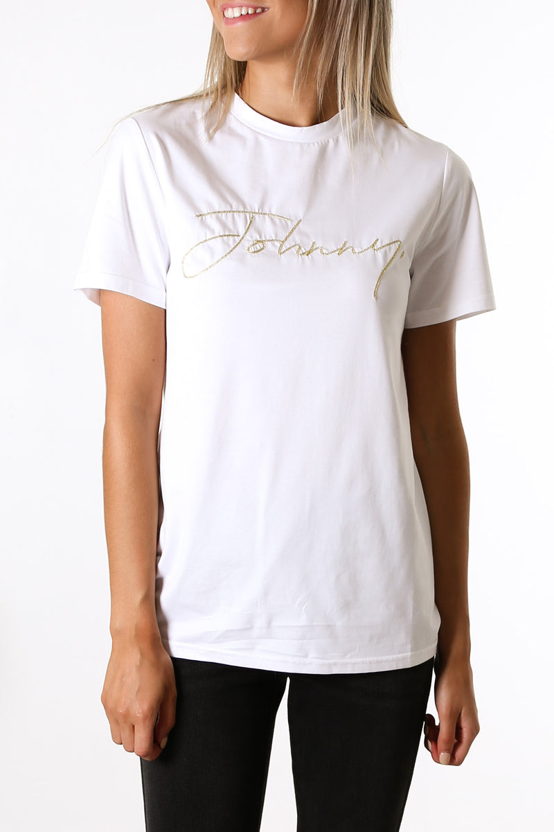 Johnny Shine Embroidery Tee White Gold