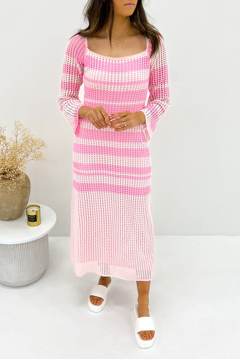 Katey Crochet Maxi Dress Pink White