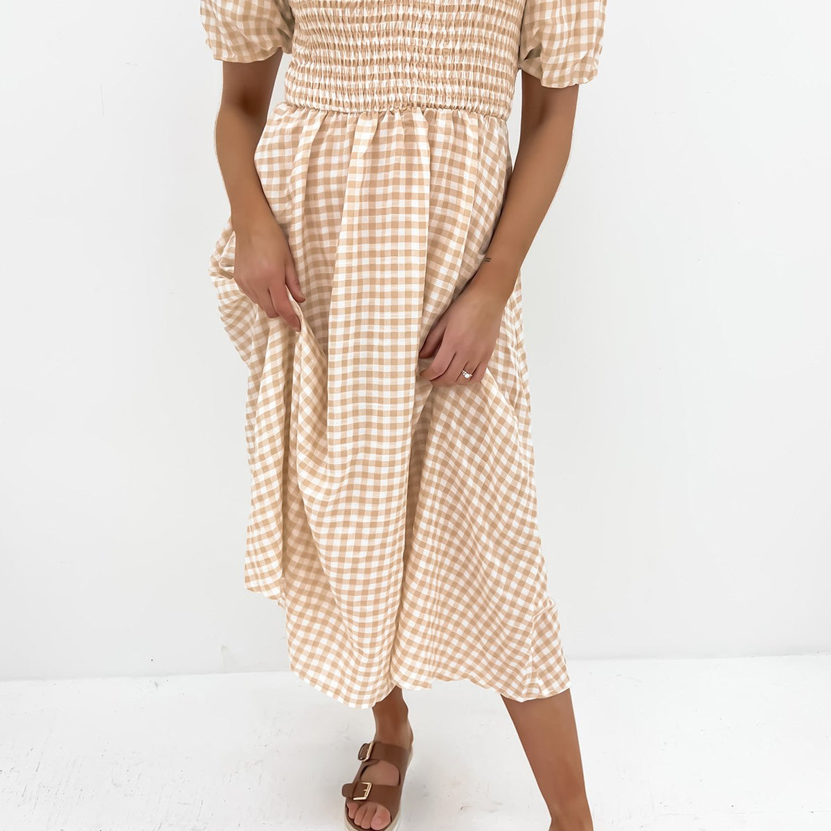 beige gingham midi dress Keisha Midi Dress Beige Gingham