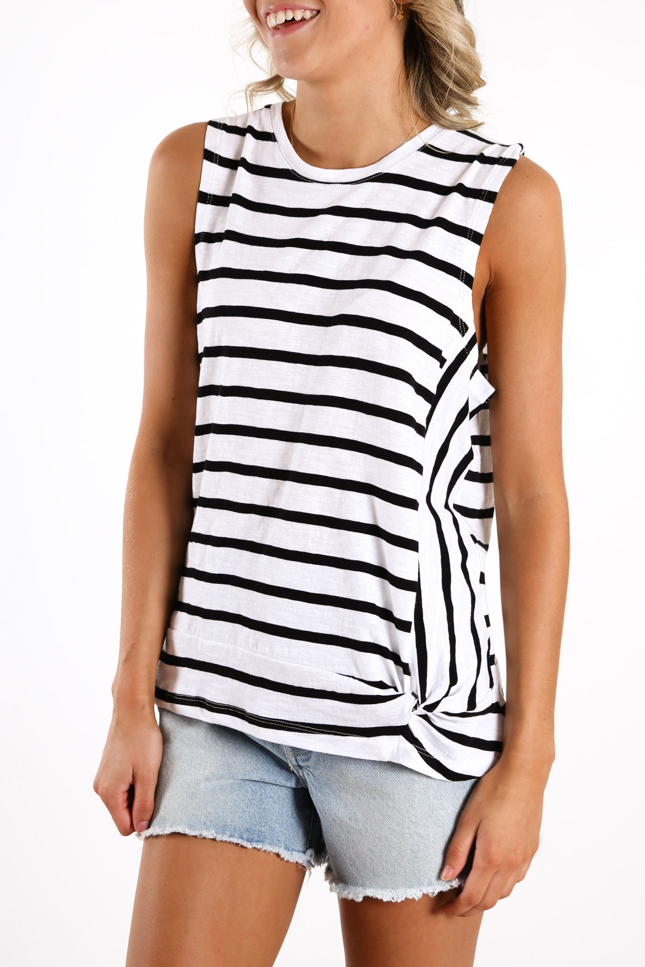 Knot Front Crop Tank Black White Stripe