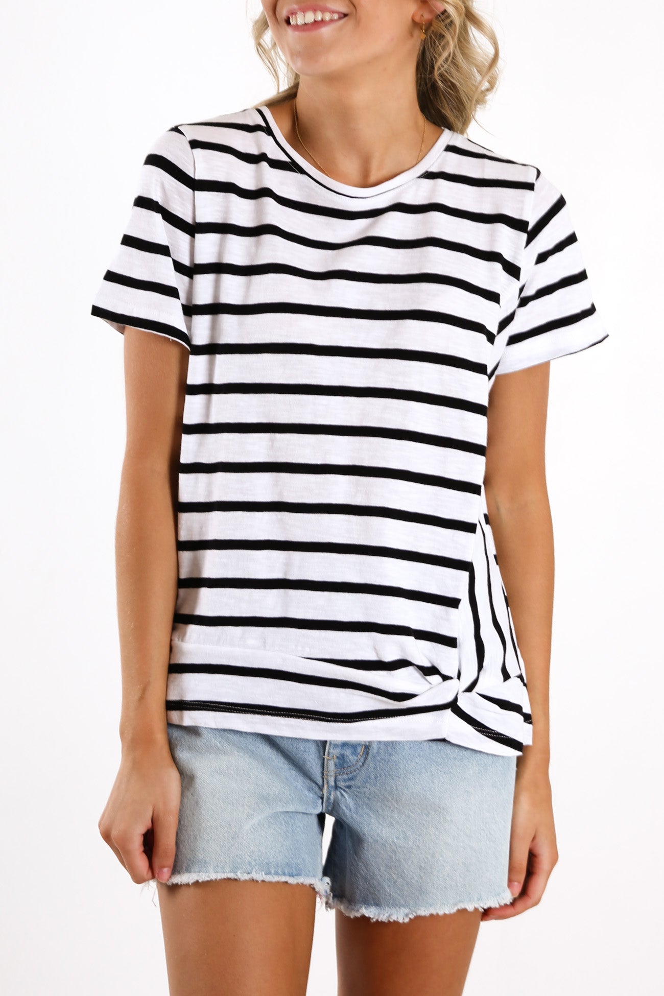 Knot Front Crop Tee Black White Stripe