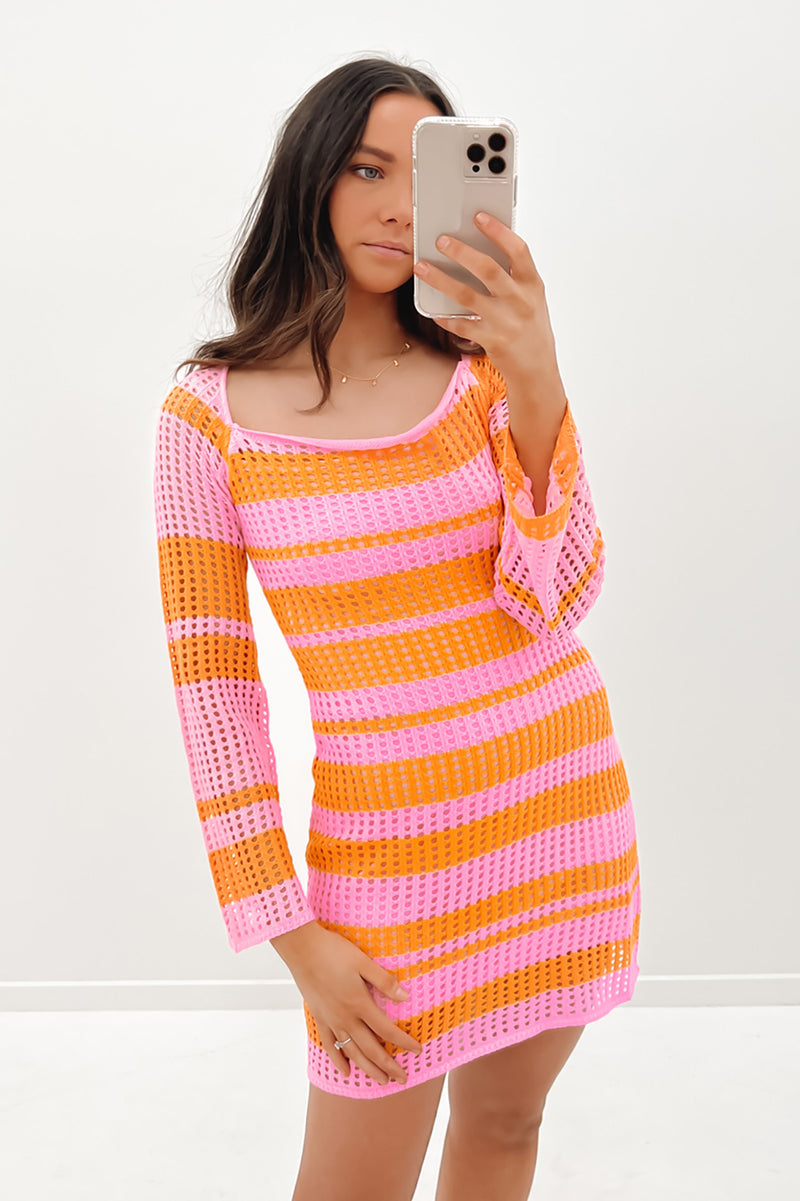 Lily Crochet Mini Dress Pink Orange - Jean Jail Lily Crochet Mini Dress Pink Orange - Jean Jail