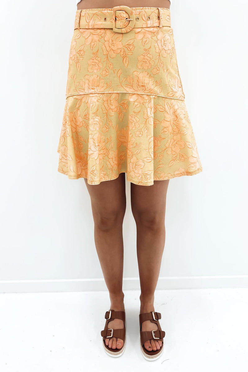 Lily Linen Frill Skirt Sage Orange