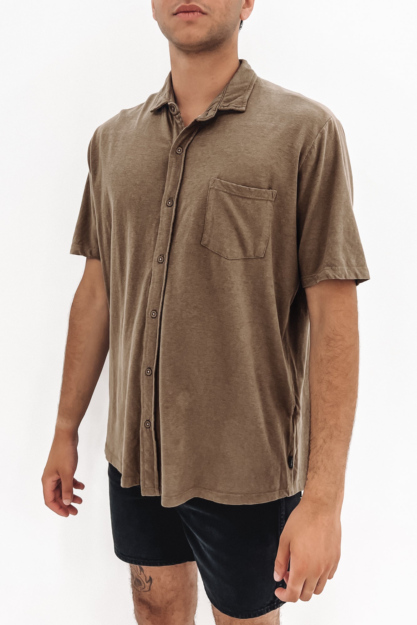 Linen Blend Jersey Short Sleeve Shirt Brown