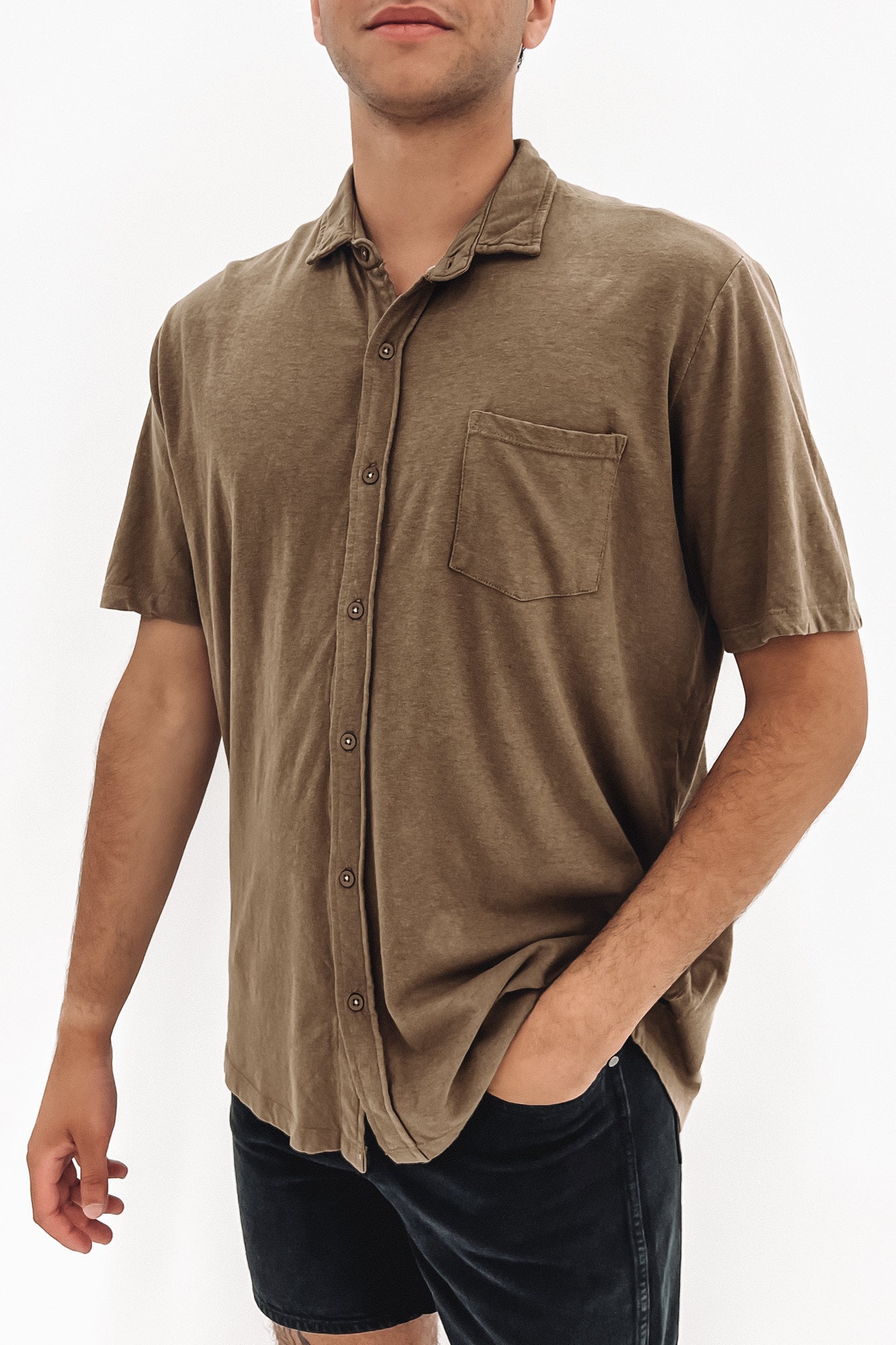 Linen Blend Jersey Short Sleeve Shirt Brown