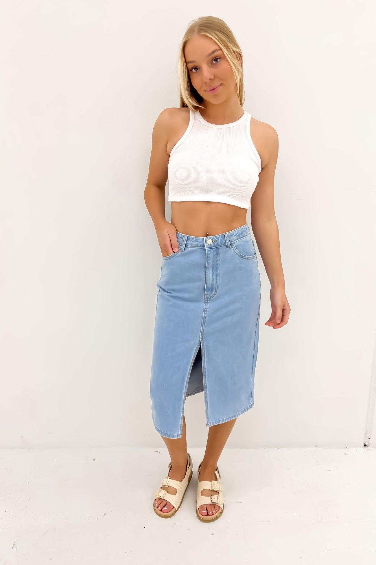 Nate Denim Midi Skirt Light Blue