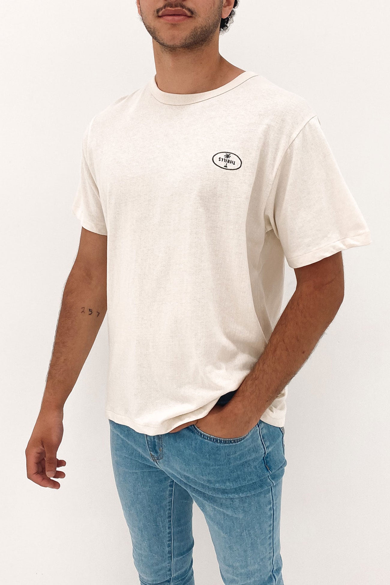 Palm Oval Embro Merch Fit Tee Heritage White