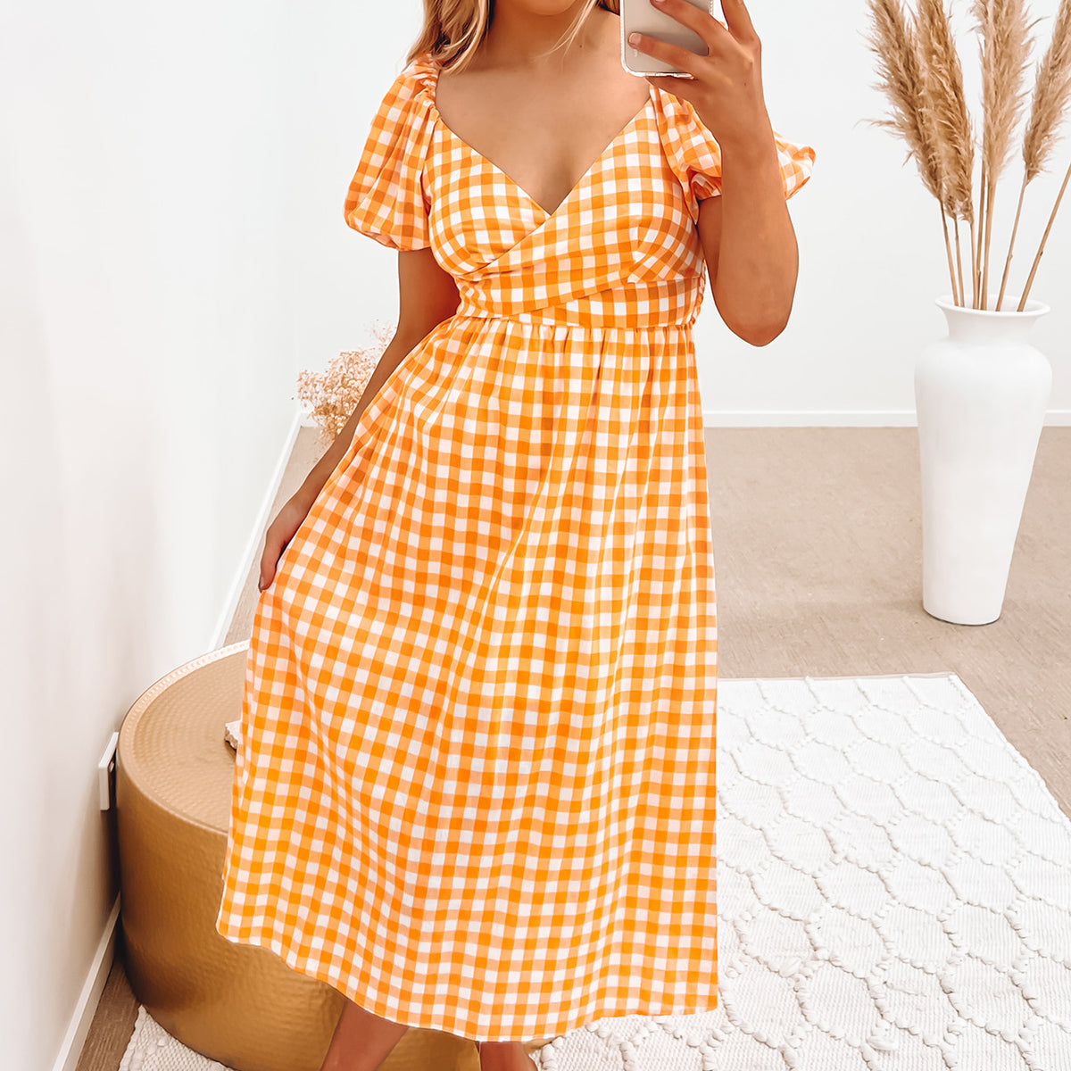Piper Midi Dress Orange Gingham