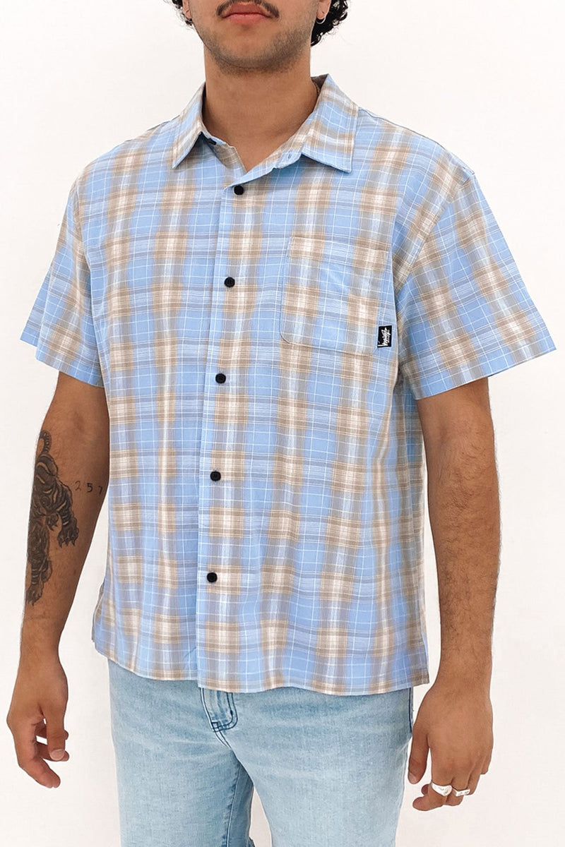 Prion Check Pocket Short Sleeve Shirt Sky Blue
