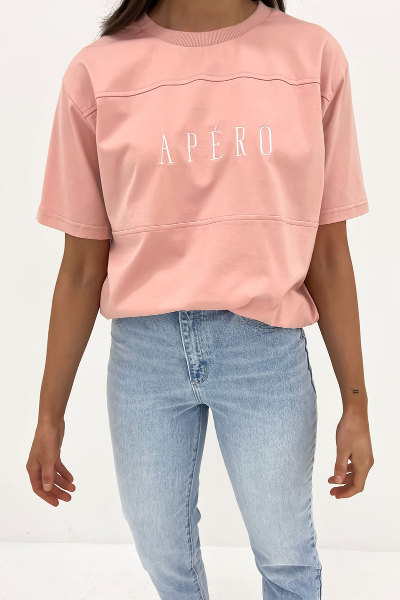 Riviera Embroidered Panel Tee Pink White