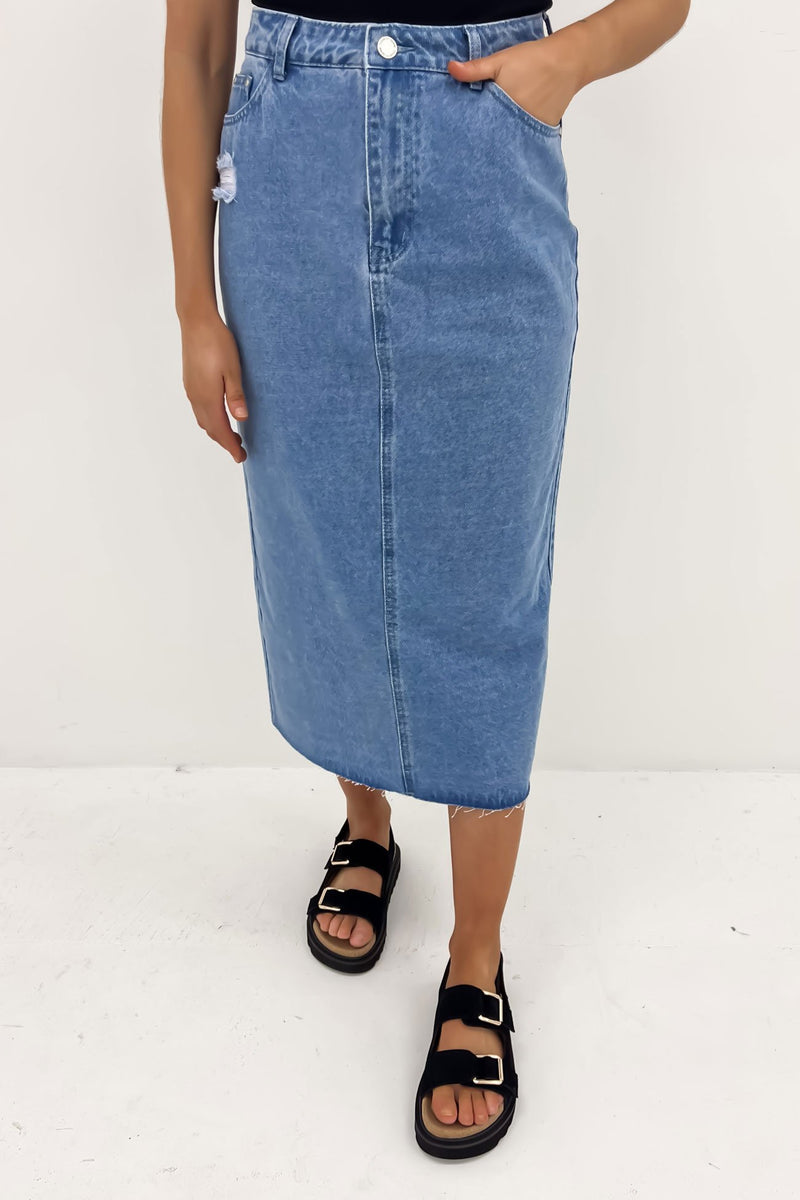 Ryliana Denim Midi Skirt Mid Blue