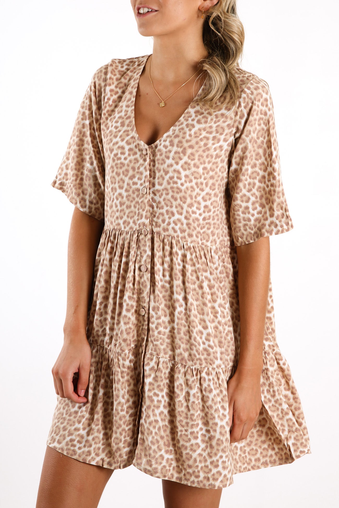 Selena Mini Dress Tan Leopard