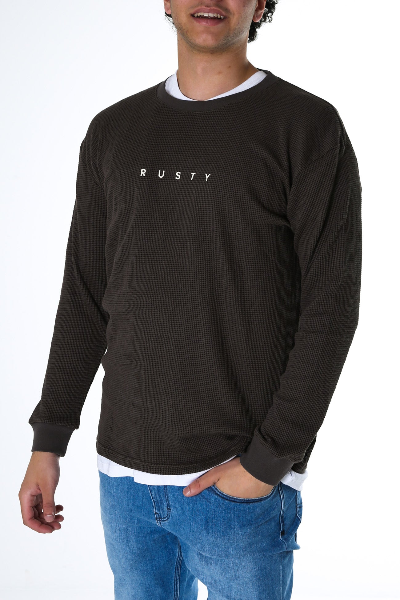 Short Cut Waffle Long Sleeve Tee Coal