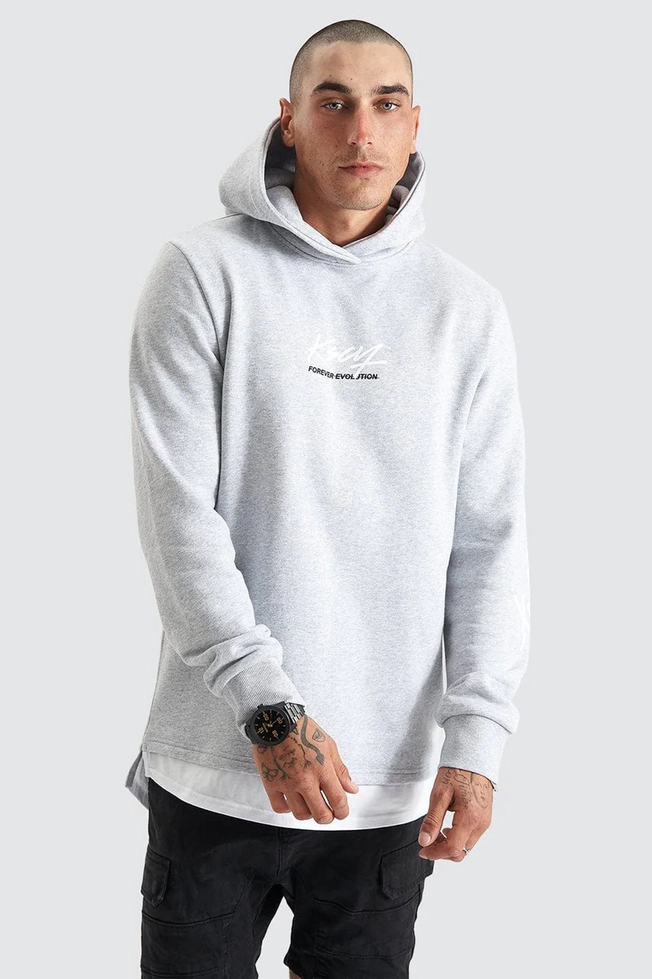 Trevor Hooded Layered Dual Curved Sweater Grey Marle