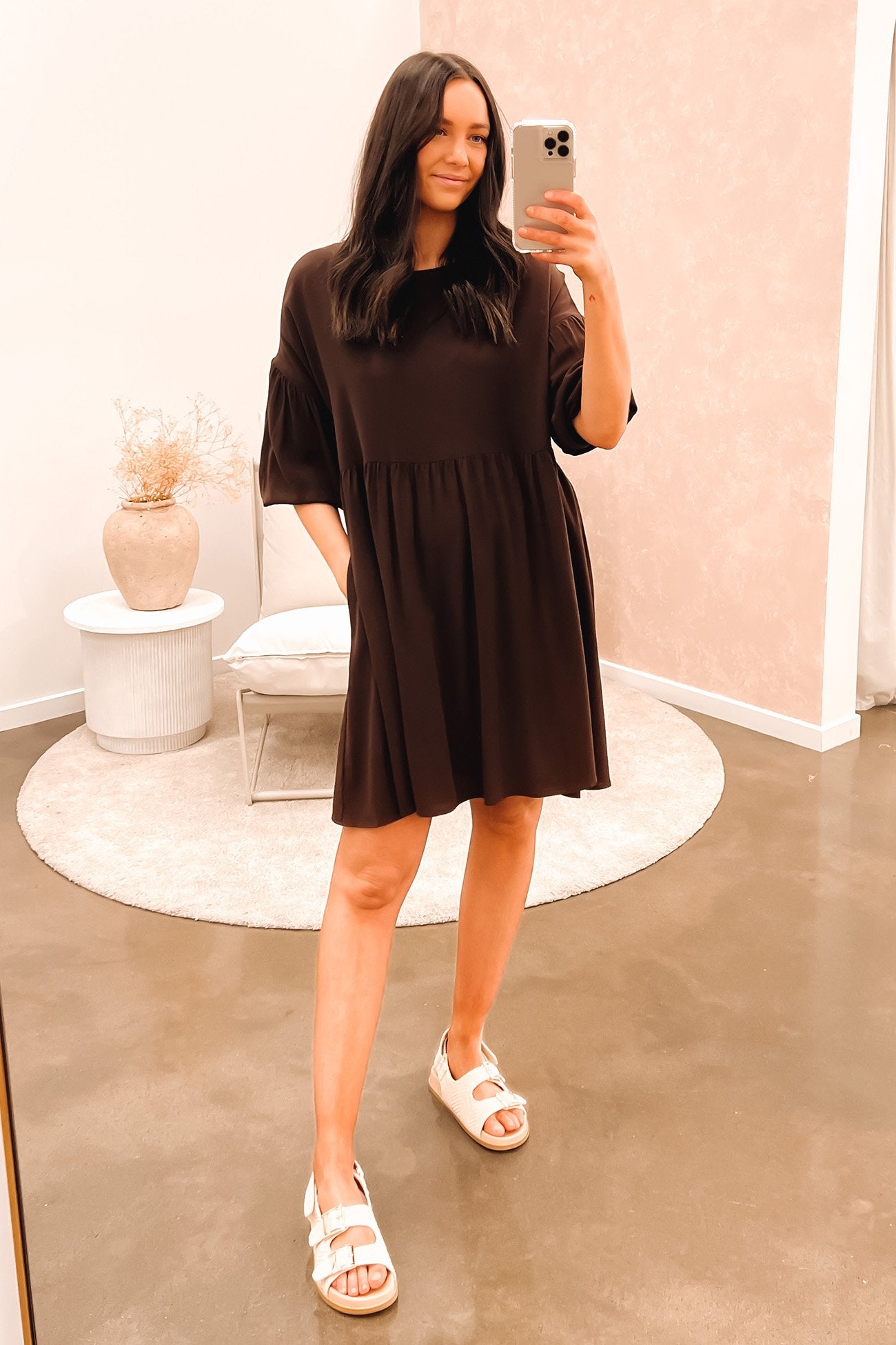 Yasmin Bubble Sleeve Mini Dress Chocolate